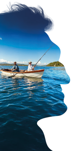Head silhouette containing a fishing scene on open water